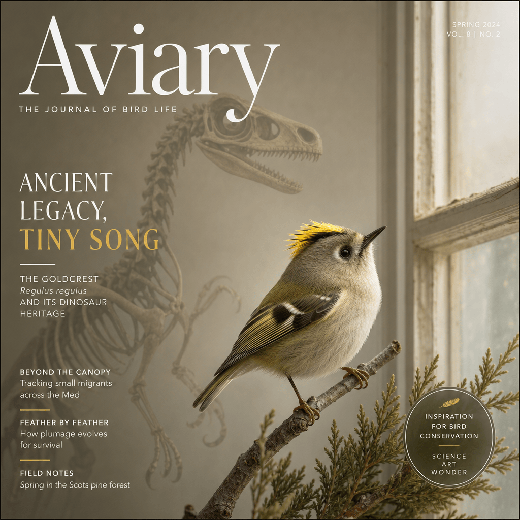 A goldcrest with a faint dinosaur silhouette