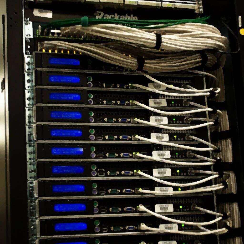 Painterly detail of a data center server rack
