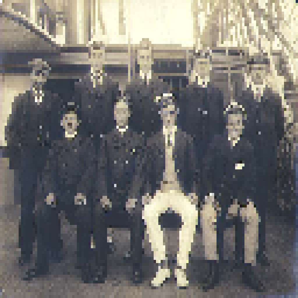 Pixelated photograph of a ship's crew on deck, circa 1904
