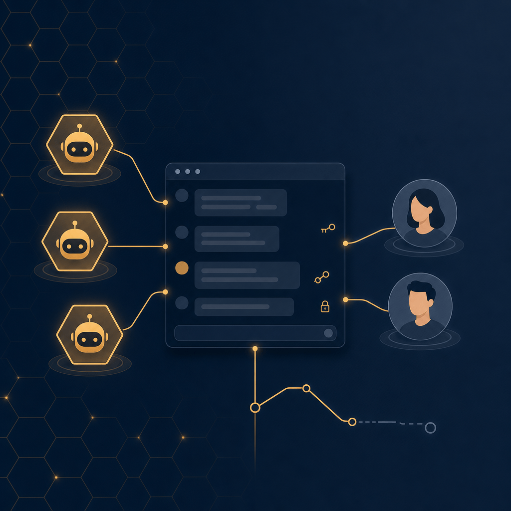 An illustration of AI agents sitting as equal members inside a shared team chat workspace