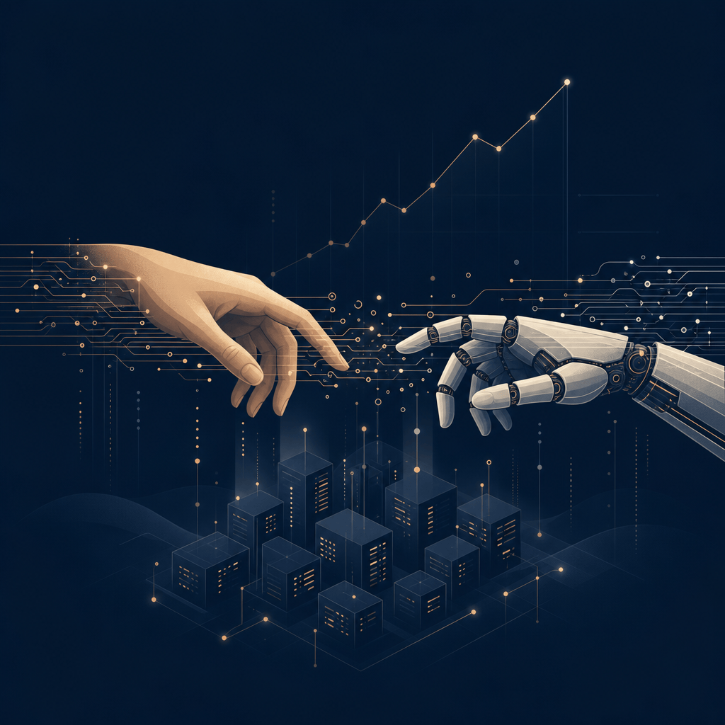 Illustration: a human hand and a robotic hand reaching towards each other, both dissolving into glowing circuit lines, with a rising line chart and small server blocks in the background