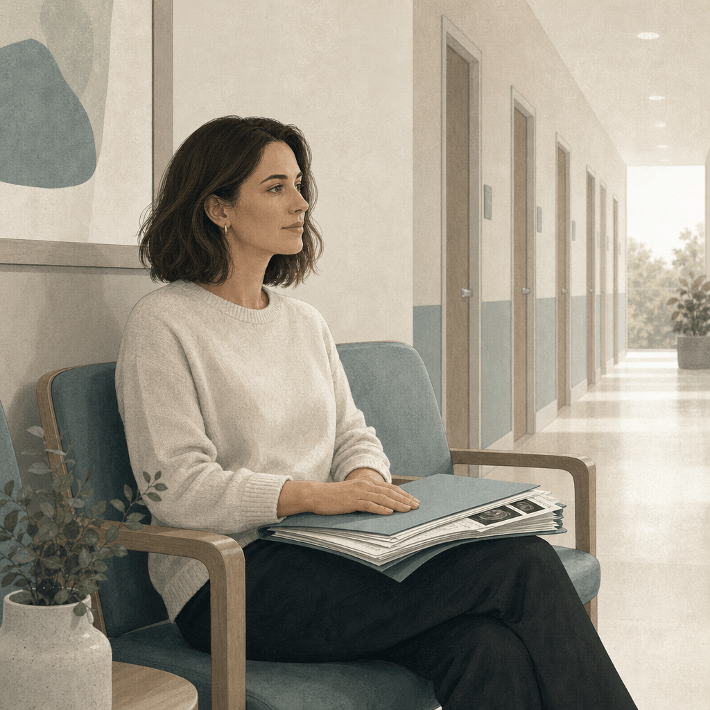 Illustration: a woman sits on a chair in an outpatient waiting area with a stack of medical records and scan printouts on her lap, looking down a corridor of closed doors