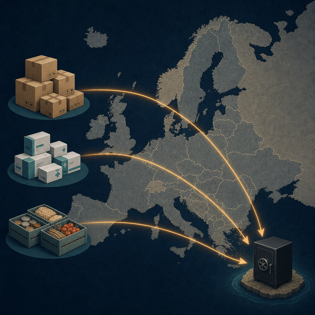 Illustration: three groups of goods on the left, shipping boxes, medicine boxes and food crates, sending glowing amber arrows across a map of Europe to a single safe on a small island.