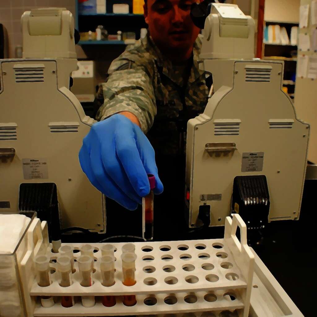 Illustration: a laboratory technician in a camouflage uniform and blue gloves lowers a blood-filled sample tube toward a rack of test tubes in a medical laboratory