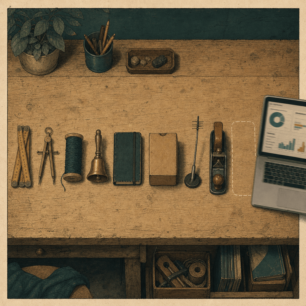 Editorial illustration seen from above: a wooden workbench with eight everyday objects in a row (a folding ruler, a brass compass, a spool of thread, a bell, a field notebook, a cardboard box, a small antenna and a hand plane), a laptop showing a dashboard at the right edge and a dashed empty outline on the bench where it used to sit