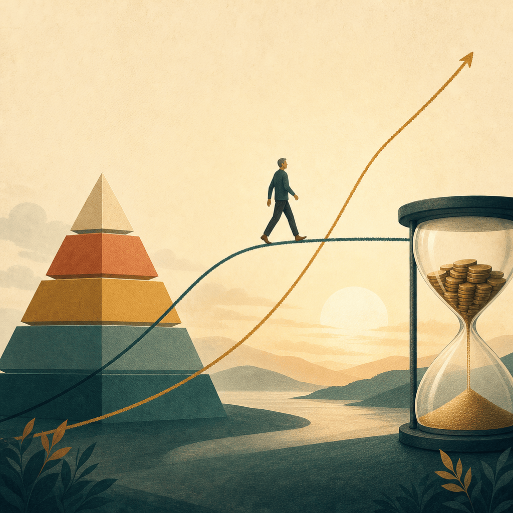 Illustration: a four-tier pyramid beside two crossing curves, a man walking along the flattening one, and an hourglass where coins fall as sand into a pile below